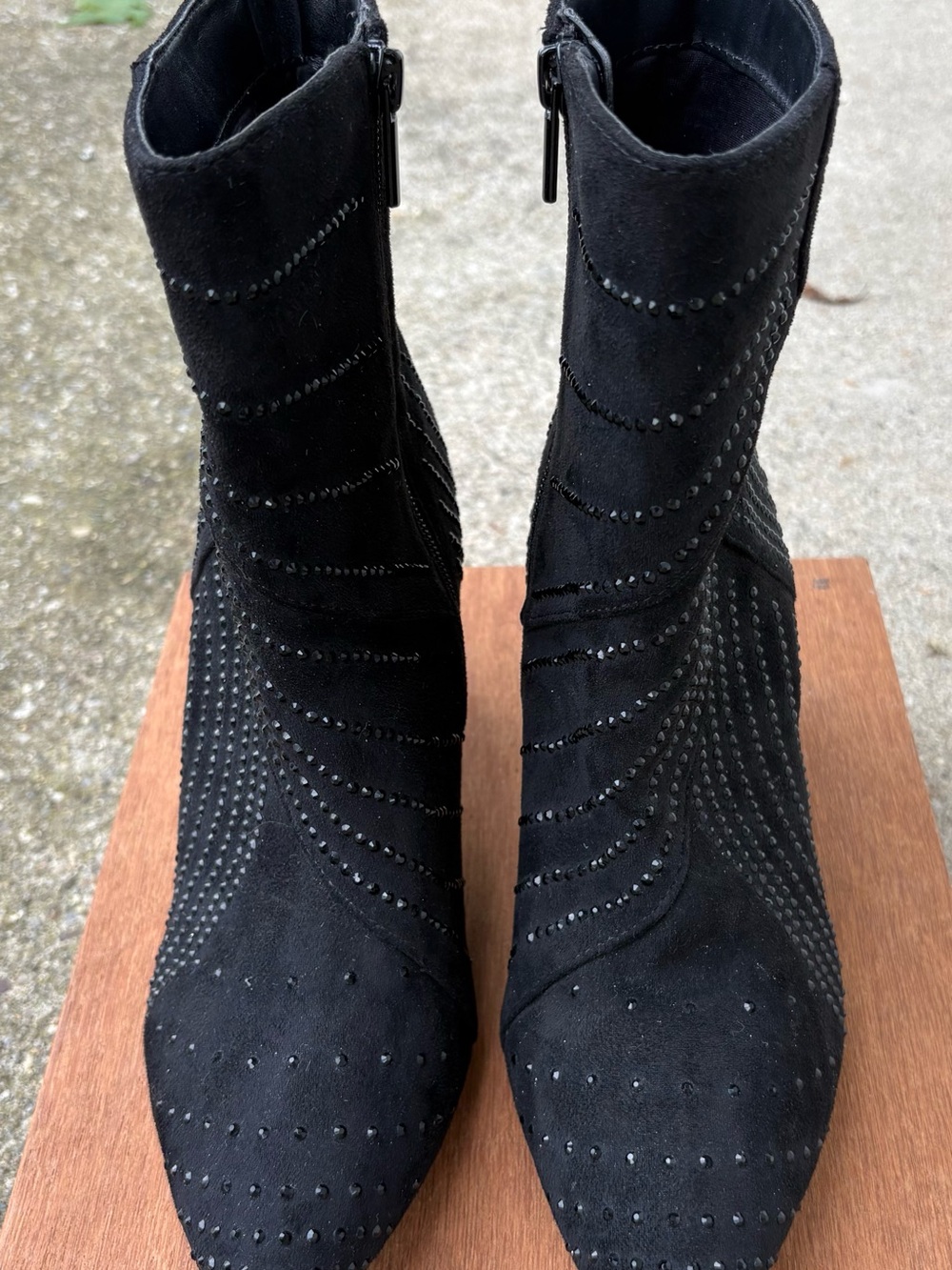Impo Vyomi Black Suede Rhinestone Studded Ankle Boots Pointed Toe Crystal